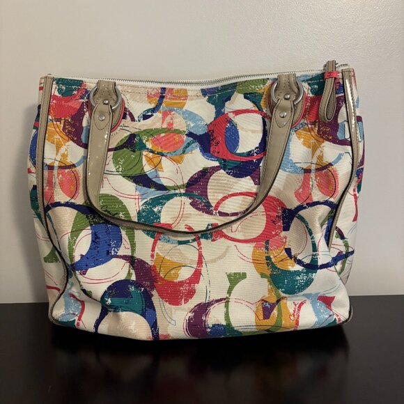 Coach Poppy Colorful Signature Canvas Hallie East/West Taupe Patent Leather Tote - Picture 7 of 14